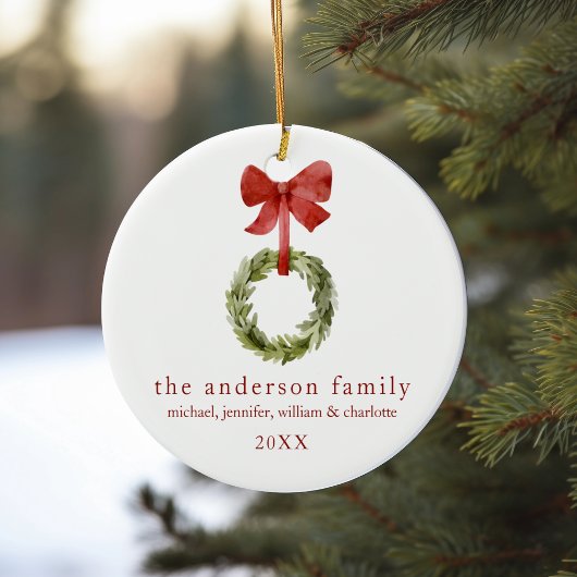 家族記念クリスマスグリーンリーレッドボウ セラミックオーナメント