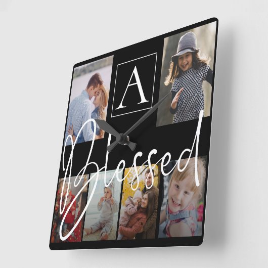 家族賛美名Script Monogram Photo Collage スクエア壁時計 (傾斜)