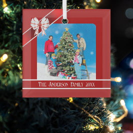 家族赤と白の写真 ガラスオーナメント