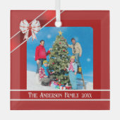 家族赤と白の写真 ガラスオーナメント (正面)