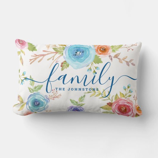 家族青フローラ水色モノグラム台本boho ランバークッション (正面)