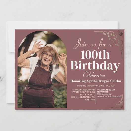 家族100歳の誕生日パーティーシンプルの写エレガント真 招待状 (正面)