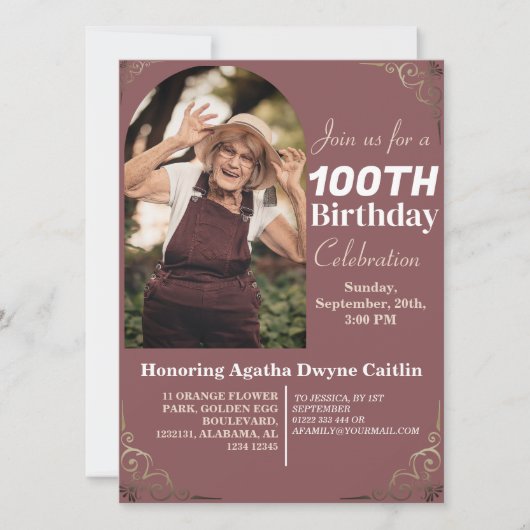 家族100歳の誕生日パーティーシンプルの写エレガント真 招待状 (正面)