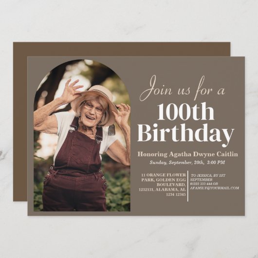 家族100th誕生日パーティーのシンプル写真 招待状 (正面/裏面)