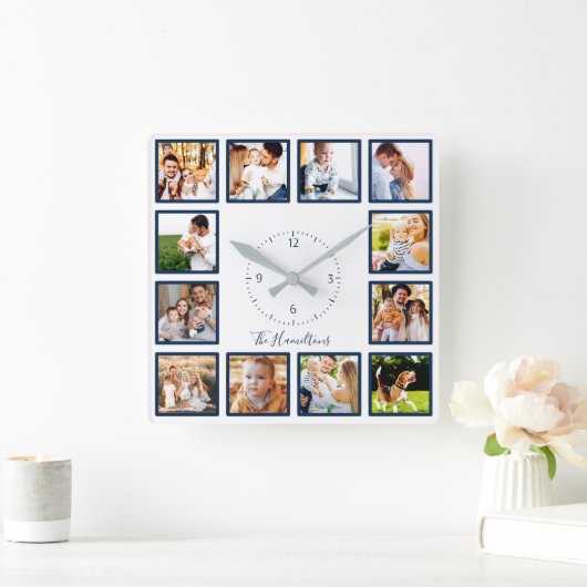 家族12写真コラージシックな青と白 スクエア壁時計 (ホーム)