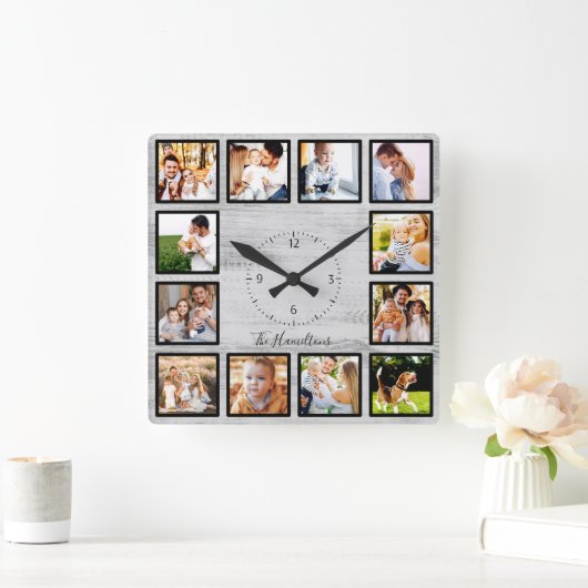 家族12写真コラージファームハウス素朴ウッド スクエア壁時計 (ホーム)