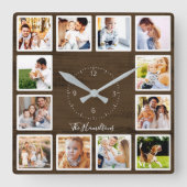 家族12写真コラージファームハウス素朴ウッド スクエア壁時計 (正面)