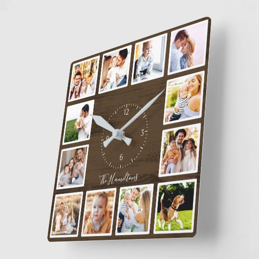 家族12写真コラージファームハウス素朴ウッド スクエア壁時計 (傾斜)