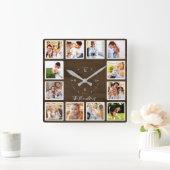 家族12写真コラージファームハウス素朴ウッド スクエア壁時計 (ホーム)
