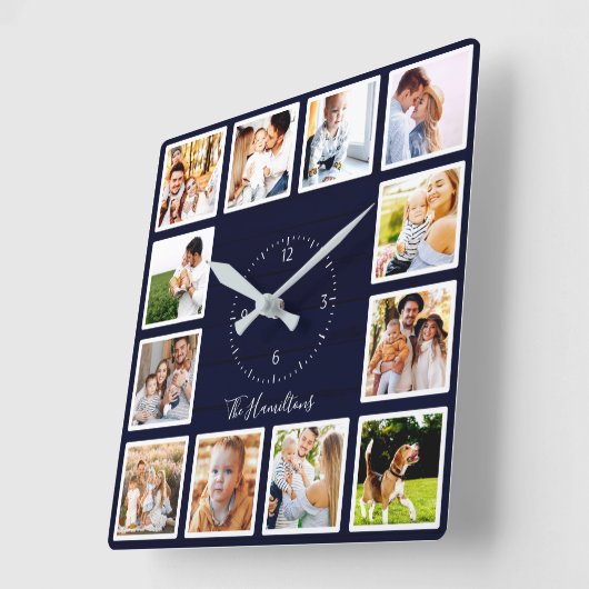 家族12写真コラージュ濃い青の木 スクエア壁時計 (傾斜)