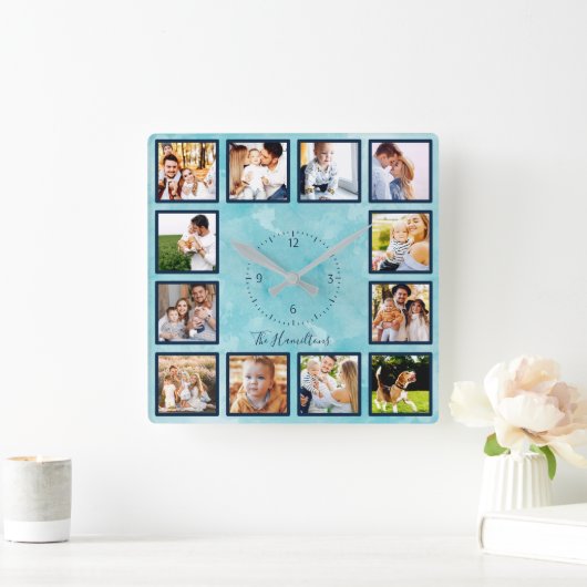 家族12写真コラージュ青い水色 スクエア壁時計 (ホーム)