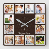 家族12枚の写真コラージュ濃い茶色の木 スクエア壁時計 (正面)