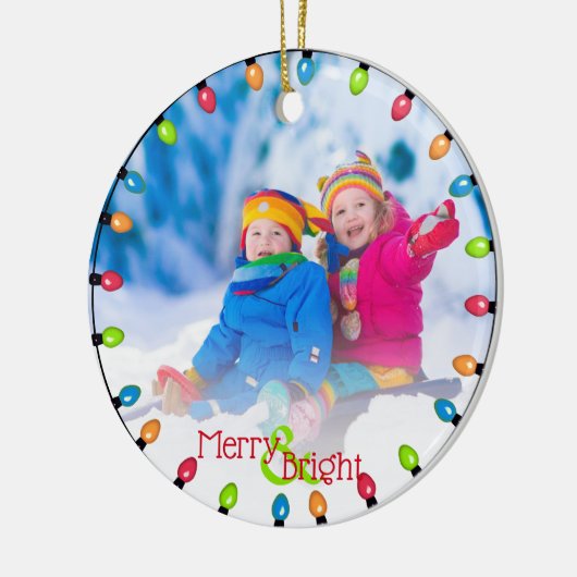 家族2クリスマスライトの写真列モダン セラミックオーナメント (左)