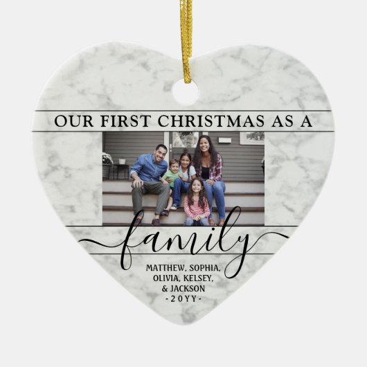 家族2フォト初めてのクリスマスフェイク大理石ハート セラミックオーナメント (正面)