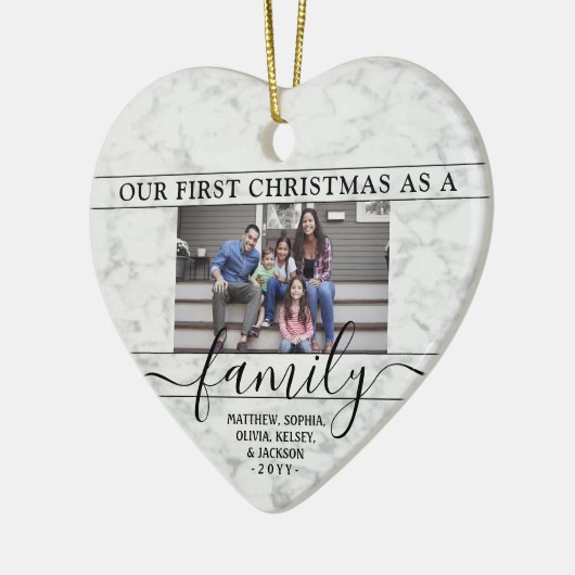 家族2フォト初めてのクリスマスフェイク大理石ハート セラミックオーナメント (左)