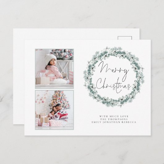 家族2写真ティール（緑がかった色）リースメリークリスマスカード ポストカード (正面/裏面)
