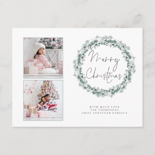 家族2写真ティール(緑がかった色)リースメリークリスマスカード ポストカード (正面)