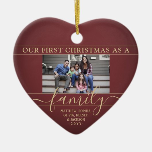 家族2写真初めてのクリスマスブルゴーニュレッド&金ゴールド セラミックオーナメント (正面)