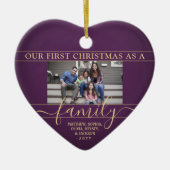 家族2写真初めてのクリスマス紫金ゴールドハート セラミックオーナメント (正面)
