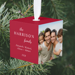 家族3フォトレッドクリスマス キューブオーナメント