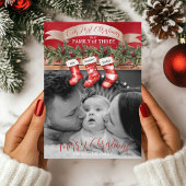 家族3人のクリスマスストッキング写真 赤ちゃんファースト シーズンカード