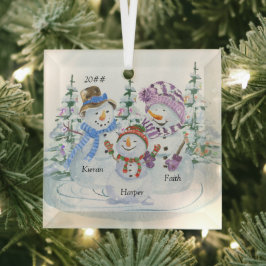 家族3人の名前入り かわいいクリスマススノーマン ガラスオーナメント