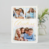 家族3写真おもしろい書エレガント文字金ゴールド 箔シーズンカード (立ち正面)