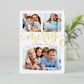 家族3写真お洒落書道メリー金ゴールド 箔シーズンカード (立ち正面)