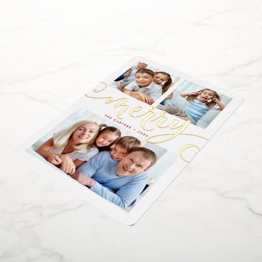 家族3写真お洒落書道メリー金ゴールド 箔シーズンカード (回転した状態)