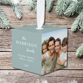 家族3写真セージ緑のクリスマス キューブオーナメント