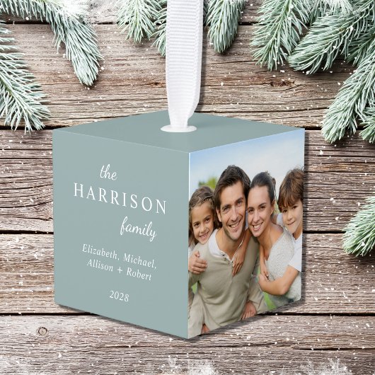 家族3写真セージ緑のクリスマス キューブオーナメント