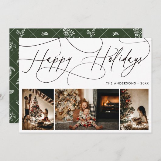 家族3写真ハッピーホリデー手書きスクリプト シーズンカード (正面/裏面)