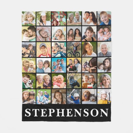 家族36フォトコラージュ名パーソナライズされた黒 フリースブランケット (正面)