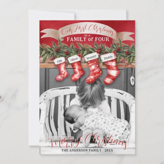 家族4クリスマスストッキング写真ベビー最初 シーズンカード (正面)
