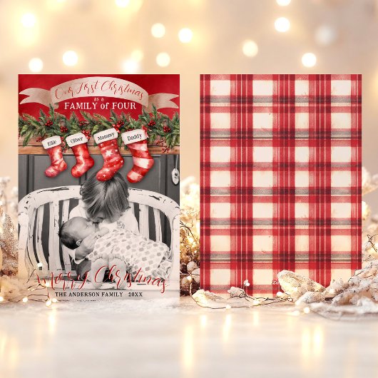 家族4クリスマスストッキング写真ベビー最初 シーズンカード