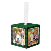 家族4フォトコラージグリーンプレイド キューブオーナメント (正面アングル)