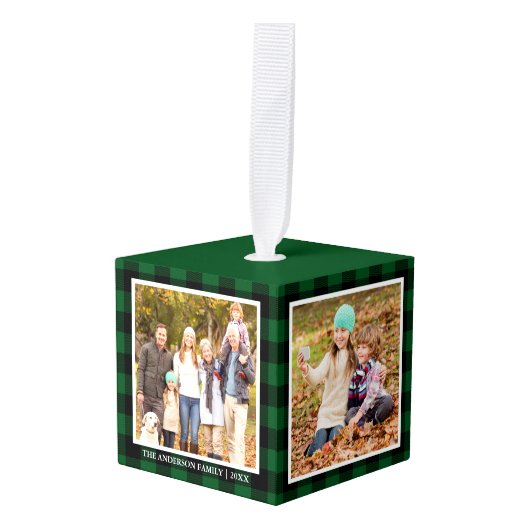 家族4フォトコラージグリーンプレイド キューブオーナメント (正面アングル)
