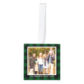 家族4フォトコラージグリーンプレイド キューブオーナメント (正面)