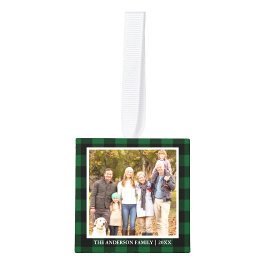 家族4フォトコラージグリーンプレイド キューブオーナメント (正面)