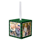 家族4フォトコラージグリーンプレイド キューブオーナメント (裏面アングル)