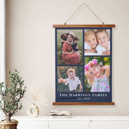 家族4フォトコラージブルー 吊り下げ型タペストリー