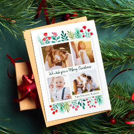 家族4フォトコラージュの水色の葉 シーズンカード