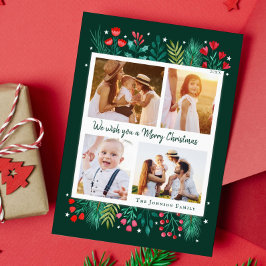 家族4フォトコラージュの水色の葉 シーズンカード