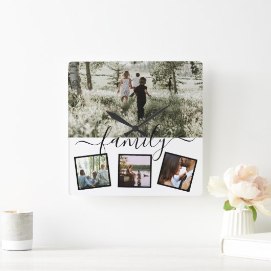 家族4フォトコラージュカスタムパーソナライズされた スクエア壁時計 (ホーム)