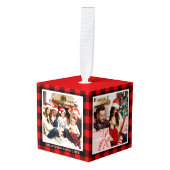 家族4フォトコラージュ赤い格子縞 キューブオーナメント (正面アングル)