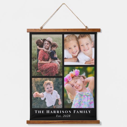 家族4フォトコラージュ黒 吊り下げ型タペストリー (正面)