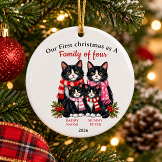 家族4人 タキシード猫のクリスマスパーソナライズデザイン セラミックオーナメント
