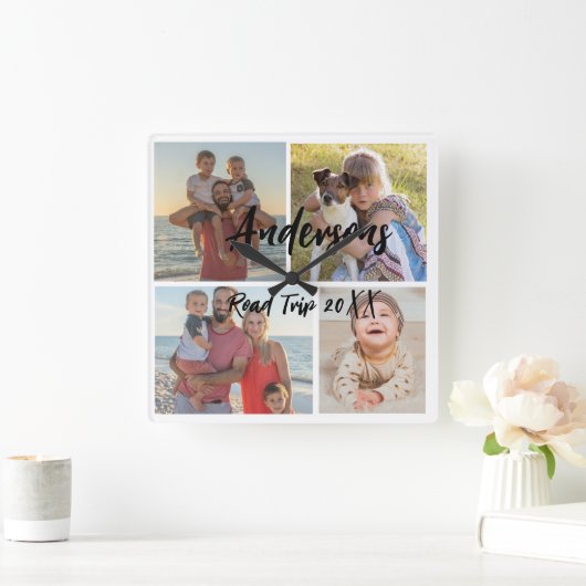 家族4枚の写真アパーソナライズされたクリル壁時計 スクエア壁時計 (ホーム)