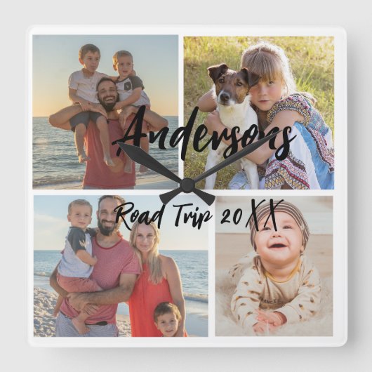 家族4枚の写真アパーソナライズされたクリル壁時計 スクエア壁時計 (正面)