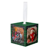 家族5フォトコラージグリーンプレイド キューブオーナメント (正面アングル)